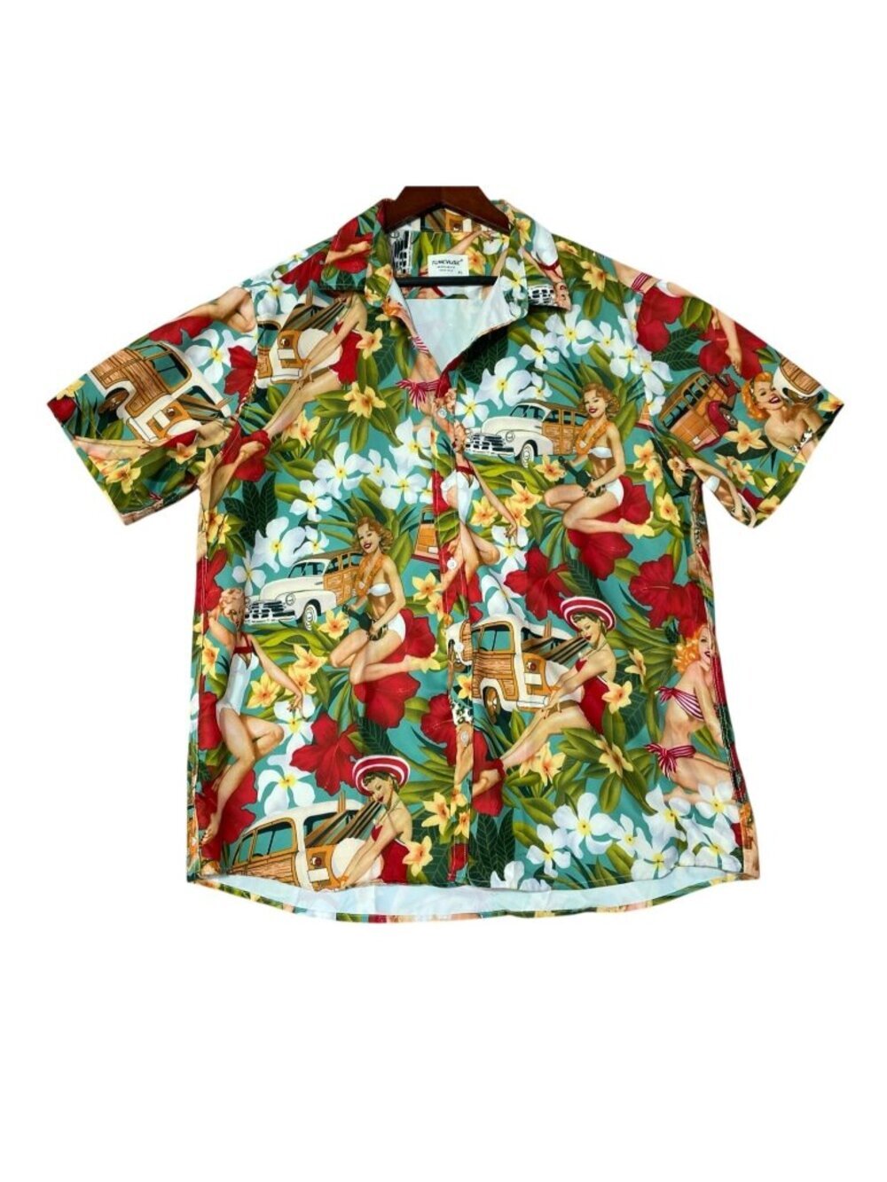 Tunevuse Men's XL Pinup Hawaiian Shirt By Regular Fit Short Sleeve Retro C0972
